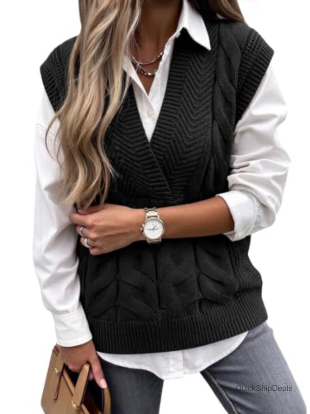 Dokotoo V Neck Sleeveless Sweater Vest Cable Knit Oversized Lightweight Top